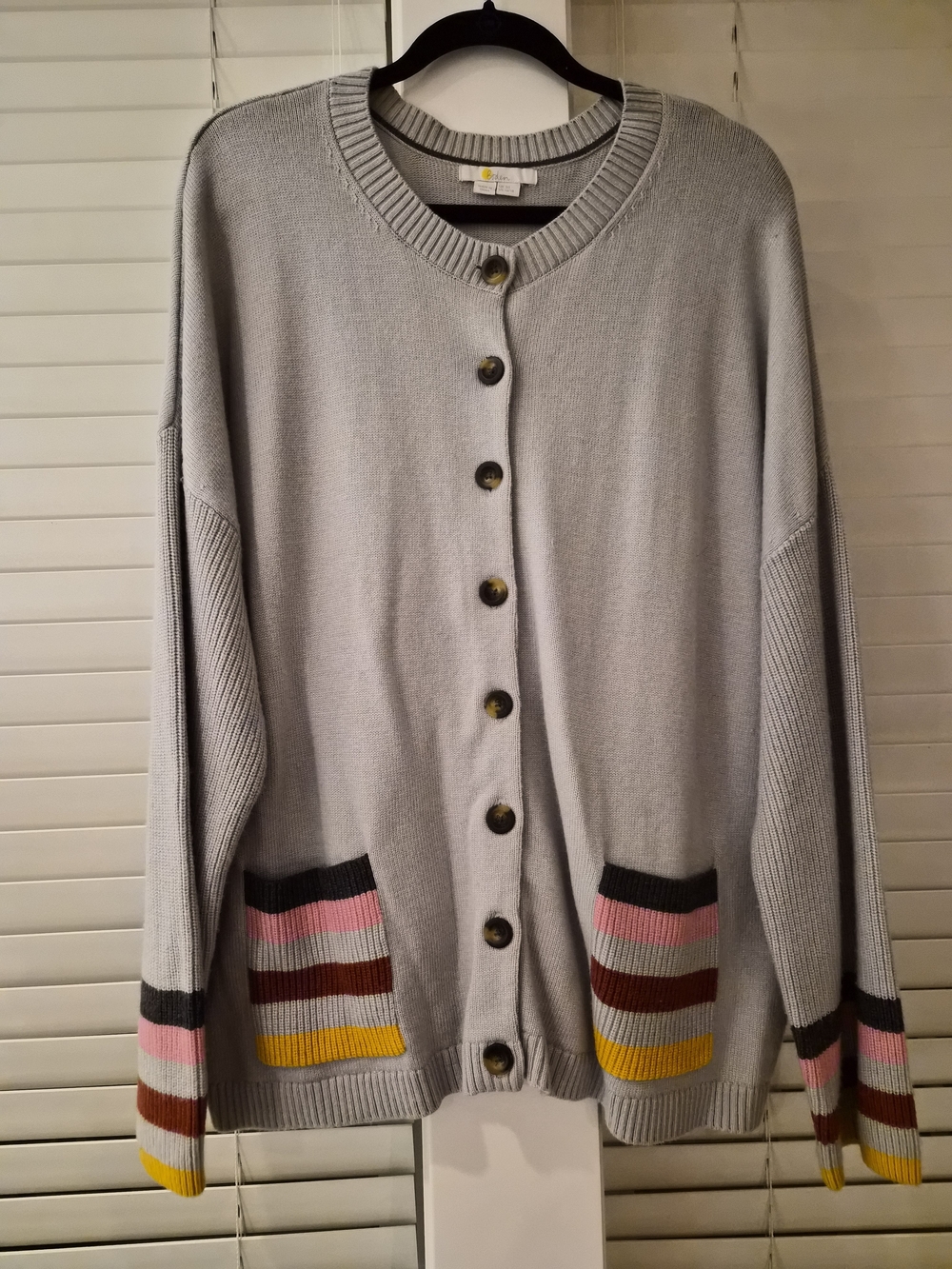 Boden Light Gray Cardigan with Multicolor Striped Pockets And Cuffs